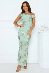 Studio Flora Mesh Off The Shoulder Maxi Dress Sage