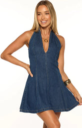 Isalin Mid Wash Denim Halter Mini Dress