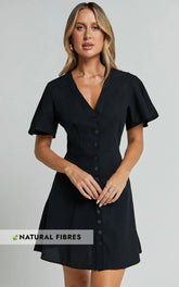 Sahar Mini Dress Flutter Sleeve Button Through Dress in Black